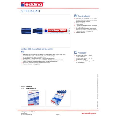 Marcatore permanente edding 850 punta scalpello 5-15 mm blu E-850 003